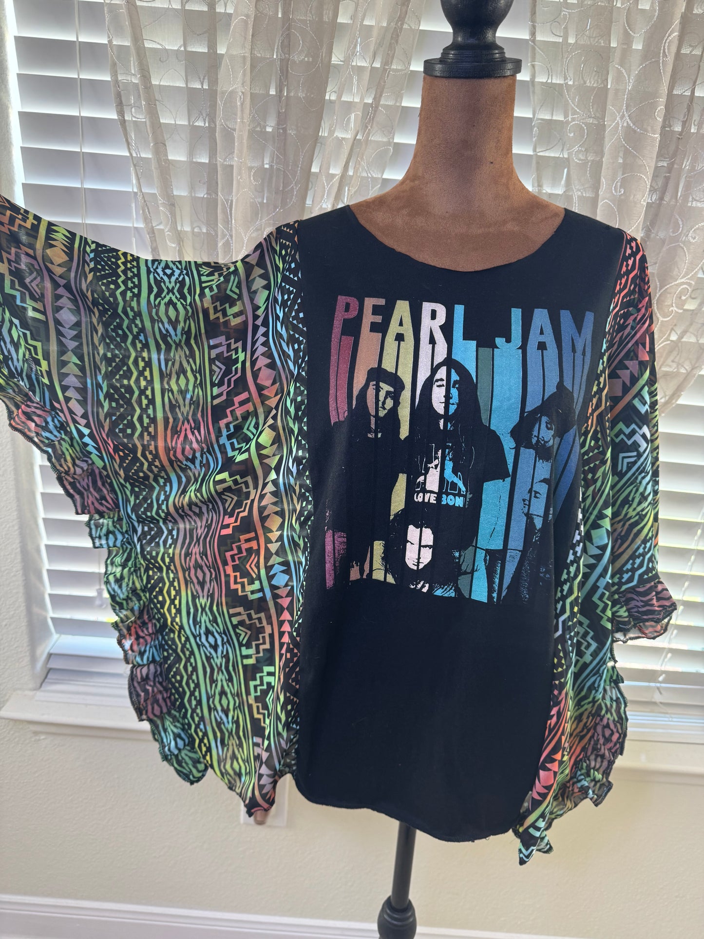 "Pearl Jam" Black T-Shirt with Colorful Geometric fabric. One Size Fits S-XL