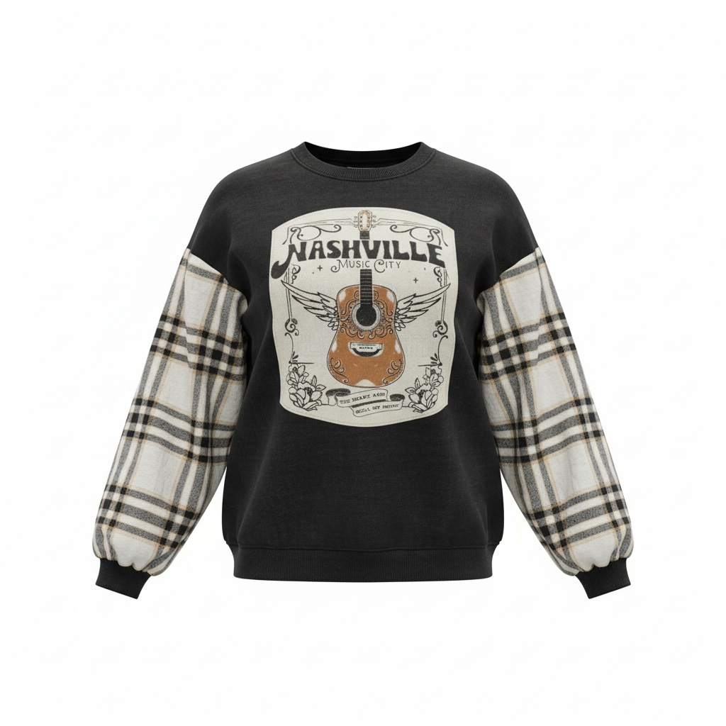 "Nashville" Black Sweatshirt with Flannel Sleeves. Size M/L 3/4 Length Sleeves