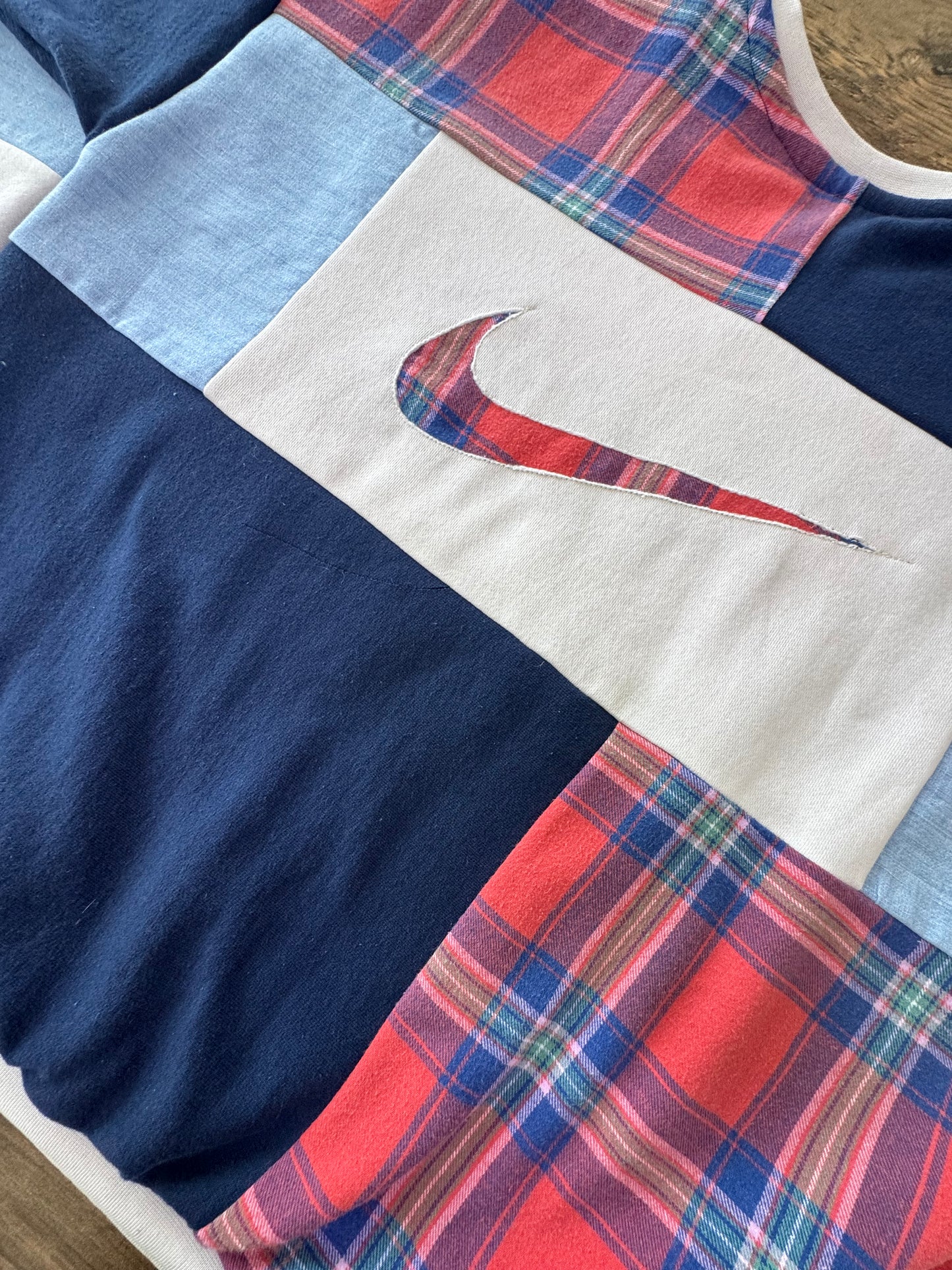 "DENIM & PLAID" Patchwork Sweatshirt.  Size L/XL