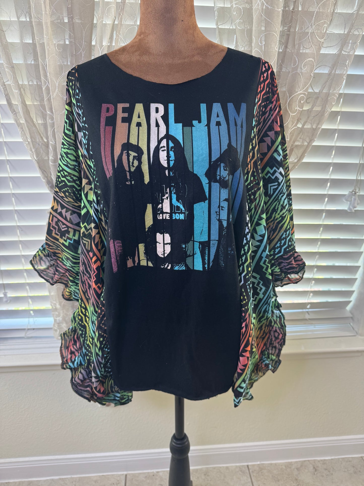 "Pearl Jam" Black T-Shirt with Colorful Geometric fabric.  One Size Fits S-XL