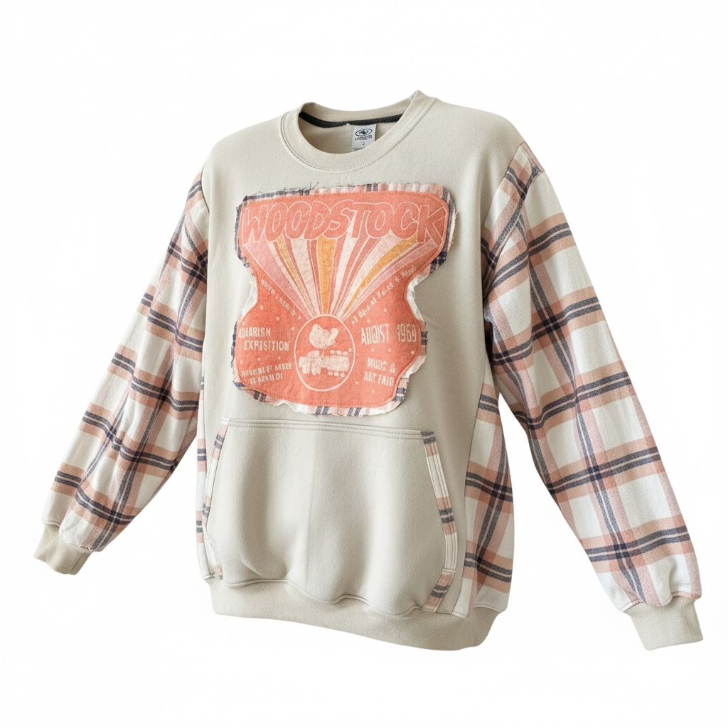 "Woodstock" Cream Sweatshirt with Flannel Sleeves. Size L/XL