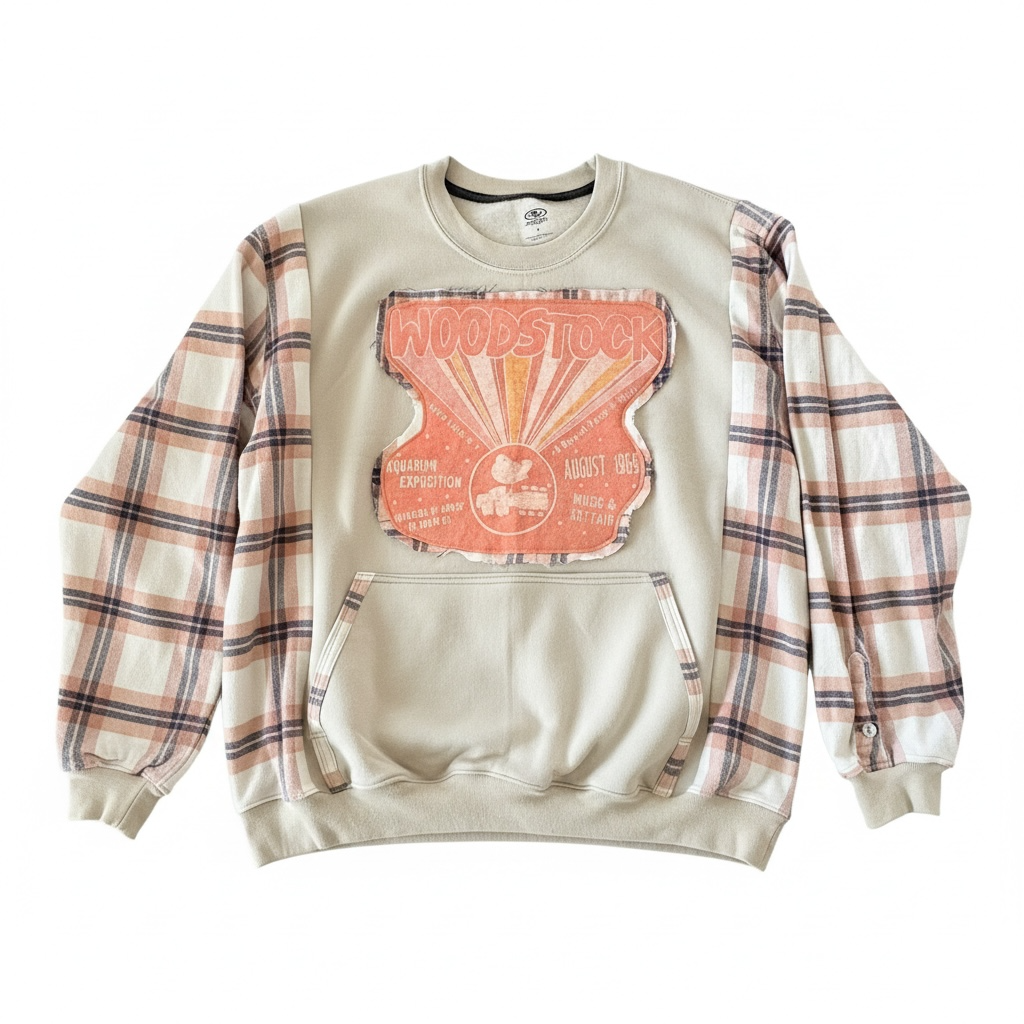 "Woodstock" Cream Sweatshirt with Flannel Sleeves. Size L/XL
