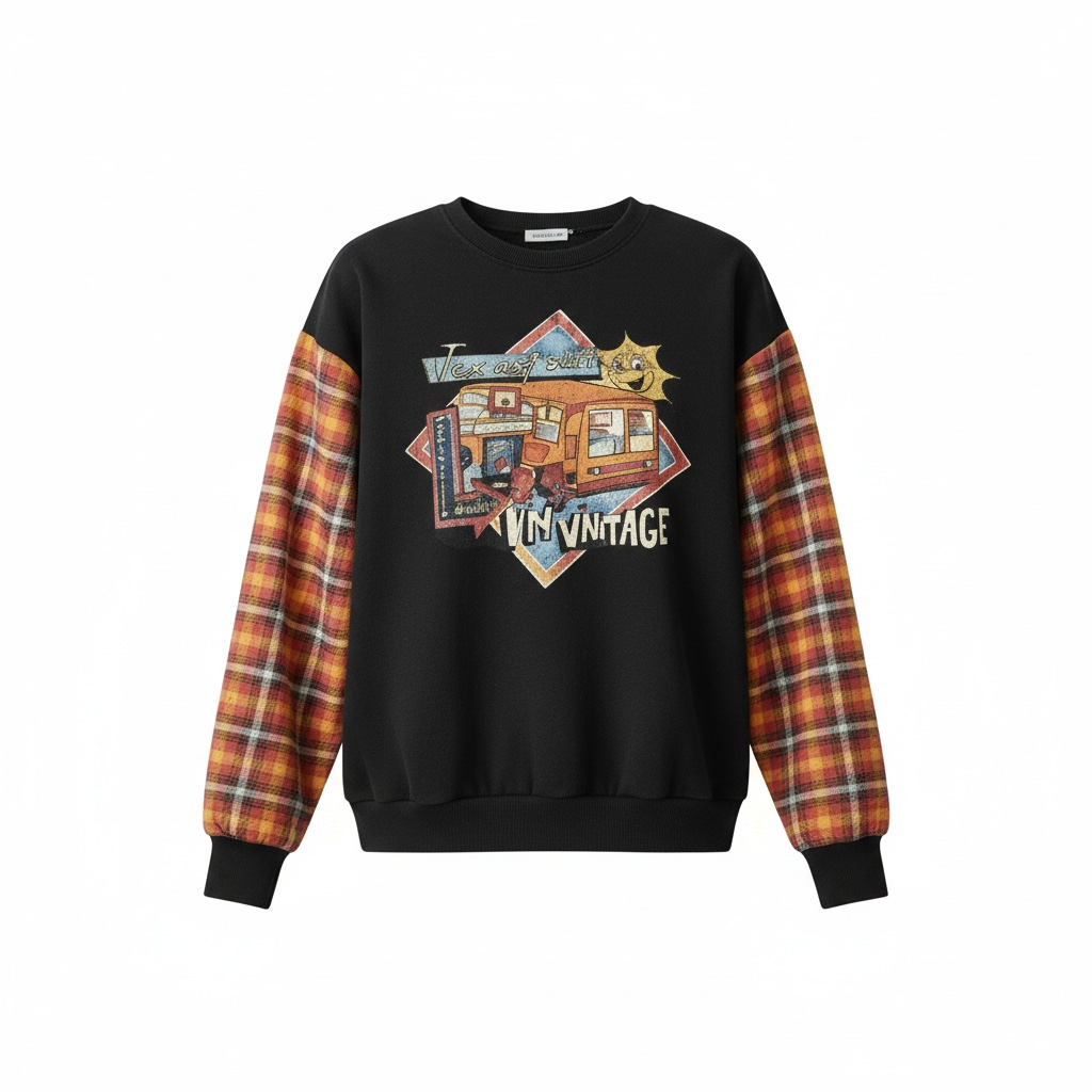 "Vintage" Black Sweatshirt with Flannel Sleeves. Size XL/1X